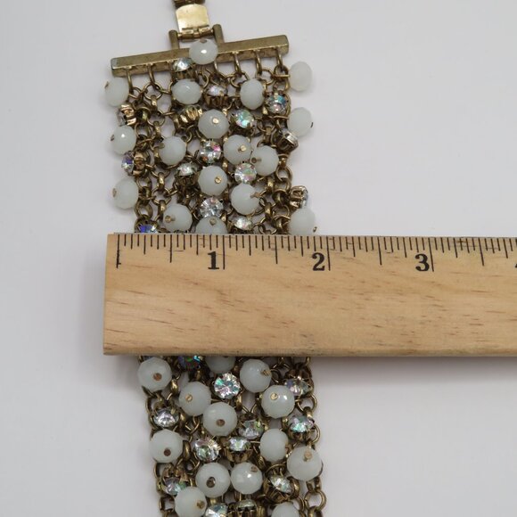 Vintage Chunky Gold Tone Chain Bracelet White Beads Clear Rhinestones - Picture 9 of 10